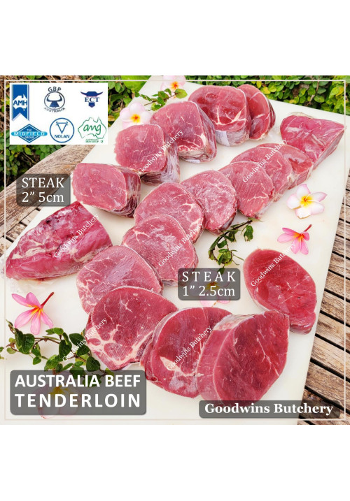 Beef Tenderloin Australia McPhee frozen STEAK 2.5cm 1" price/pack 500g 3-4pcs (eye fillet mignon daging sapi has dalam)